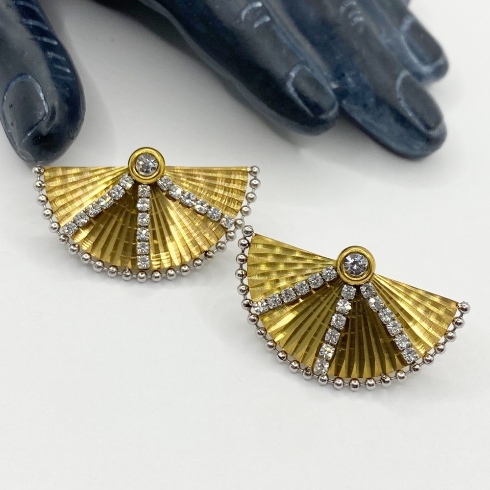 NEW Gold Fan Shaped Rhinestone Statement Earrings